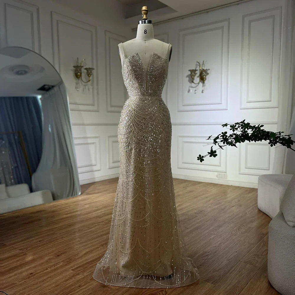 Luxury Evening Dress Nude Pearls Beaded Gown With Tulle Train