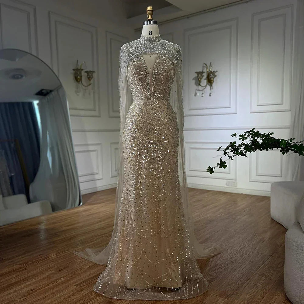 Luxury Evening Dress Nude Pearls Beaded Gown With Tulle Train