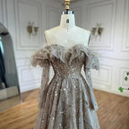 Serene Hill Arabia Caramel A-Line Elegant Beaded Feather Sparkle Evening Dresses Gowns For Woman Wedding Party 2024 LA71328A