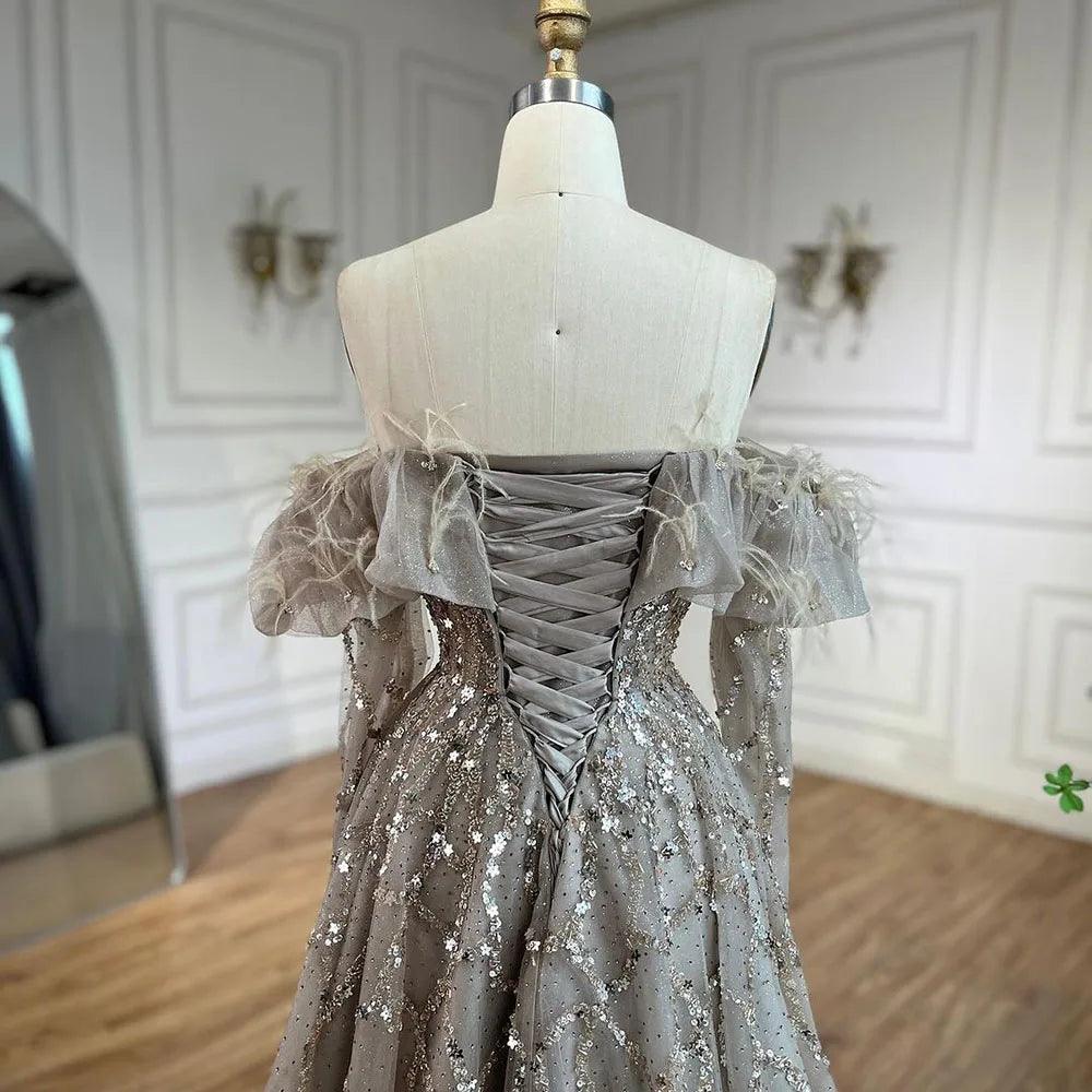 Serene Hill Arabia Caramel A-Line Elegant Beaded Feather Sparkle Evening Dresses Gowns For Woman Wedding Party 2024 LA71328A