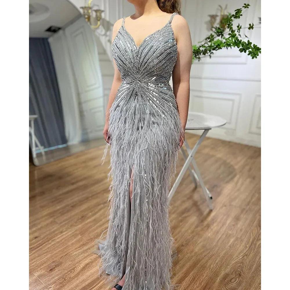 Serene Hill Arabic Black Spaghetti Strap Split Feathers Beaded Mermaid Evening Dresses Gownsfor Women Wedding Party 2024 LA70623