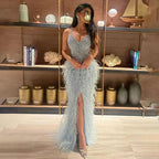 Serene Hill Arabic Black Spaghetti Strap Split Feathers Beaded Mermaid Evening Dresses Gownsfor Women Wedding Party 2024 LA70623