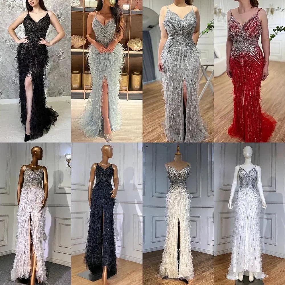Serene Hill Arabic Black Spaghetti Strap Split Feathers Beaded Mermaid Evening Dresses Gownsfor Women Wedding Party 2024 LA70623