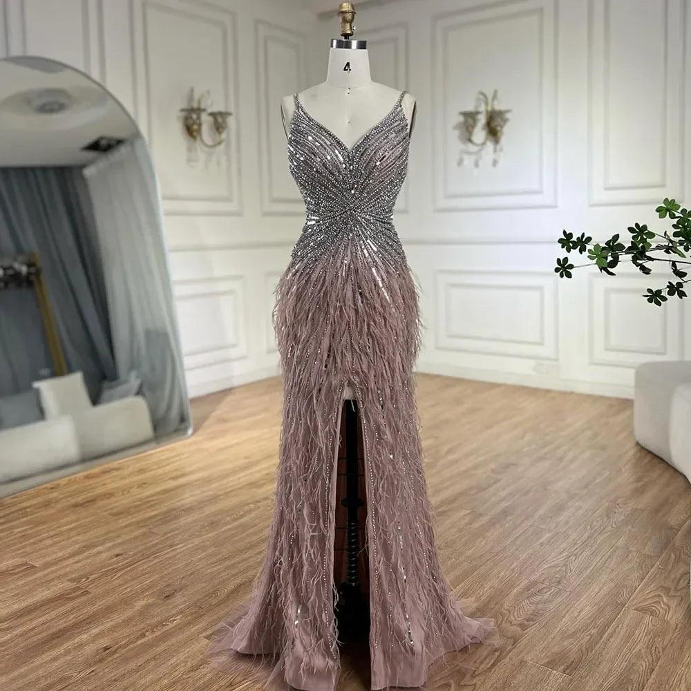 Serene Hill Arabic Black Spaghetti Strap Split Feathers Beaded Mermaid Evening Dresses Gownsfor Women Wedding Party 2024 LA70623
