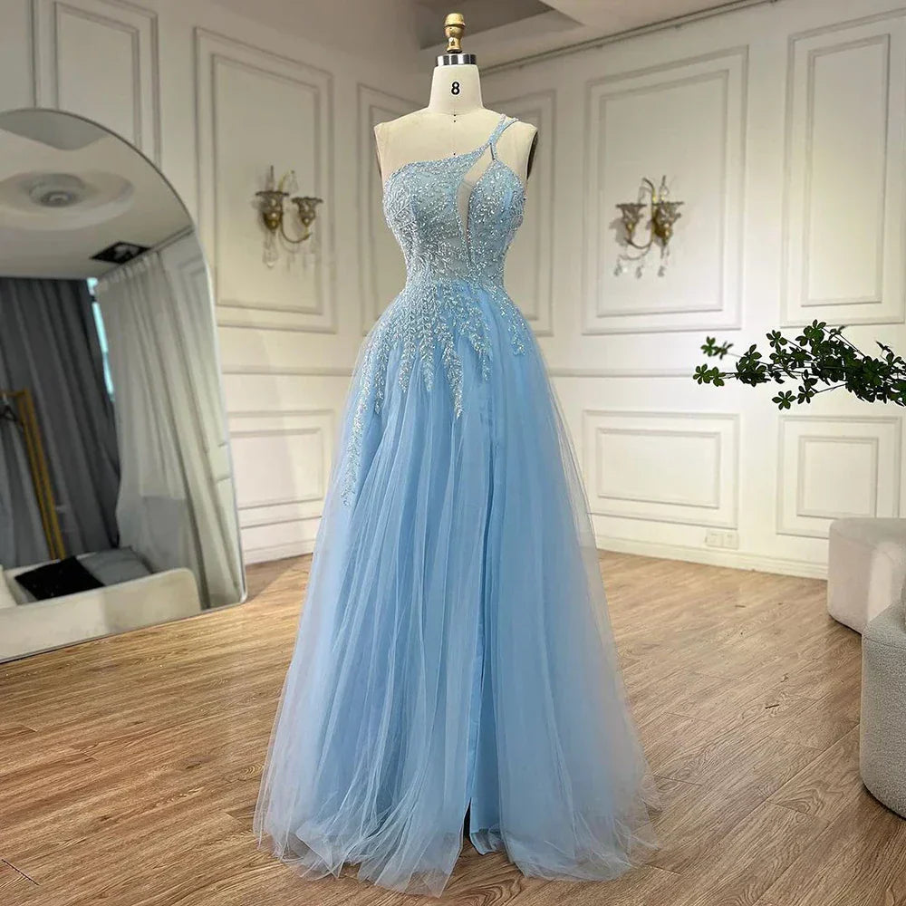 Serene Hill  Blue Spaghetti Strap A Line One Shoulder Prom Dress