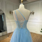 Serene Hill  Blue Spaghetti Strap A Line One Shoulder Prom Dress