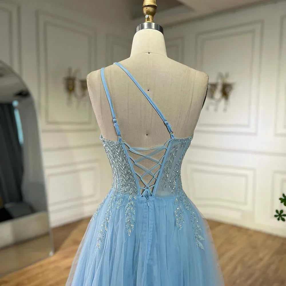 Serene Hill  Blue Spaghetti Strap A Line One Shoulder Prom Dress
