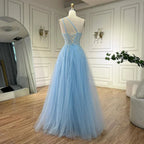 Serene Hill  Blue Spaghetti Strap A Line One Shoulder Prom Dress
