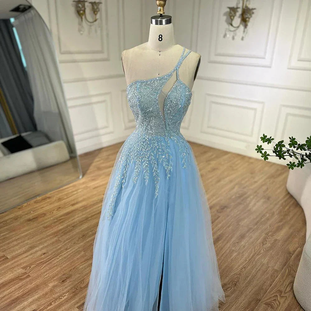 Serene Hill  Blue Spaghetti Strap A Line One Shoulder Prom Dress