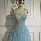 Serene Hill  Blue Spaghetti Strap A Line One Shoulder Prom Dress