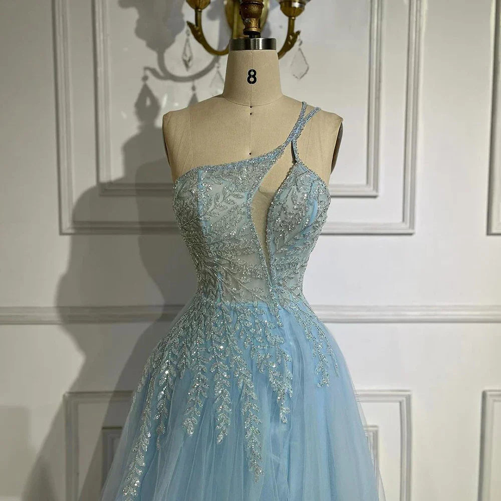 Serene Hill  Blue Spaghetti Strap A Line One Shoulder Prom Dress