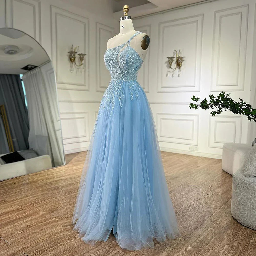 Serene Hill  Blue Spaghetti Strap A Line One Shoulder Prom Dress