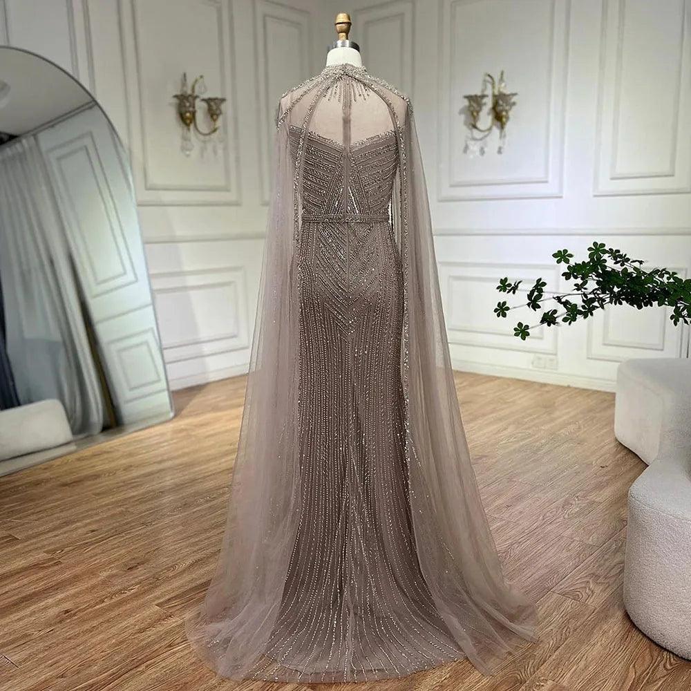 Serene Hill Arabic Caramel Elegant Cape Sleeves Mermaid Beaded Evening Dresses Long Celebrity Gowns for Woman Party LA72233A