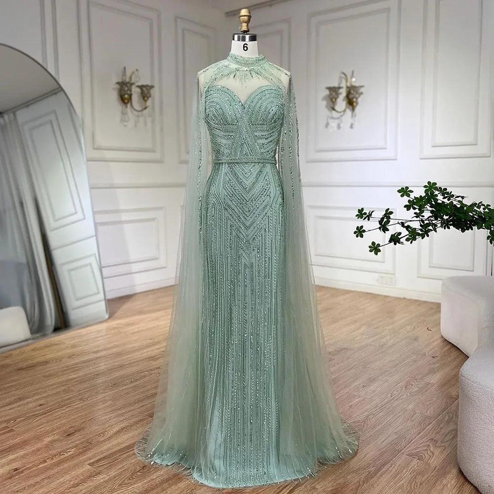 Serene Hill Arabic Caramel Elegant Cape Sleeves Mermaid Beaded Evening Dresses Long Celebrity Gowns for Woman Party LA72233A