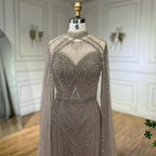 Serene Hill Arabic Caramel Elegant Cape Sleeves Mermaid Beaded Evening Dresses Long Celebrity Gowns for Woman Party LA72233A