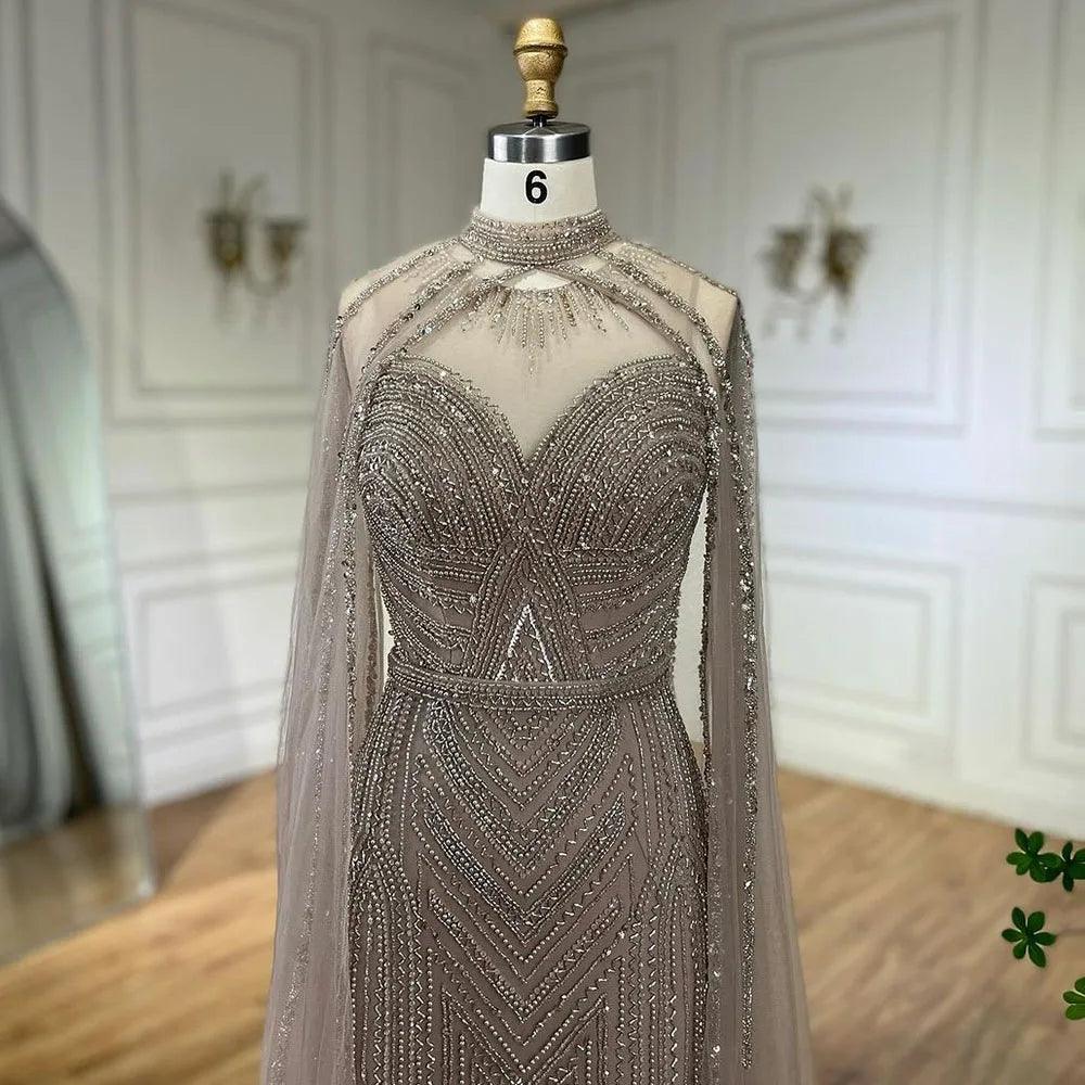 Serene Hill Arabic Caramel Elegant Cape Sleeves Mermaid Beaded Evening Dresses Long Celebrity Gowns for Woman Party LA72233A