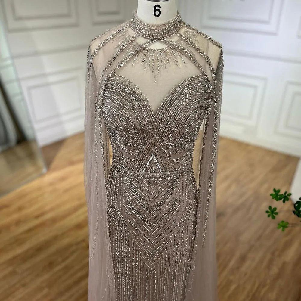 Serene Hill Arabic Caramel Elegant Cape Sleeves Mermaid Beaded Evening Dresses Long Celebrity Gowns for Woman Party LA72233A