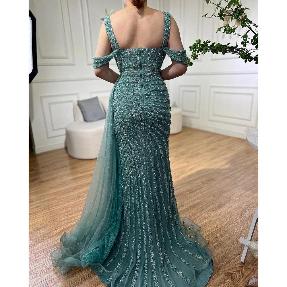 Serene Hill Arabic Caramel Mermaid High Split Elegant Beaded Luxury Evening Dresses Gowns 2024 For Woman Party LA71679