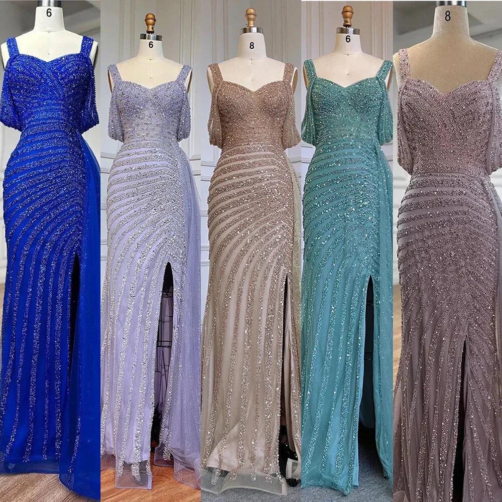 Serene Hill Arabic Caramel Mermaid High Split Elegant Beaded Luxury Evening Dresses Gowns 2024 For Woman Party LA71679