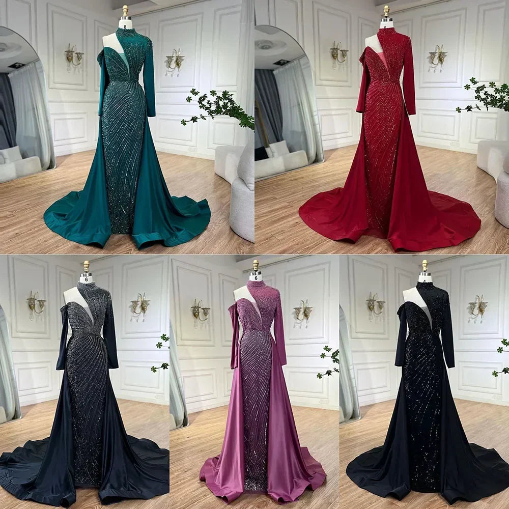 Serene Hill Arabic Green Elegant Mermaid One Shoulder Beaded Luxury Dubai Evening Dresses Gowns For Women Wedding Party