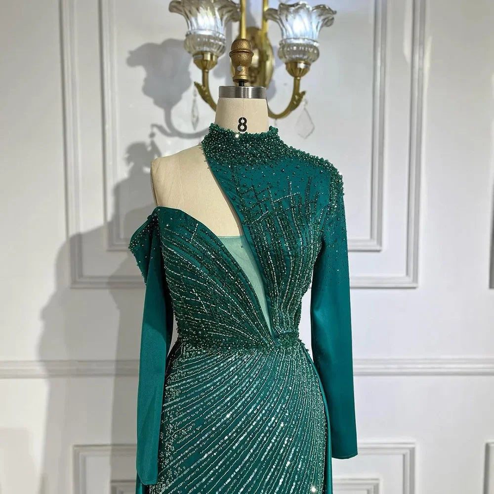 Serene Hill Arabic Green Elegant Mermaid One Shoulder Beaded Luxury Dubai Evening Dresses Gowns For Women Wedding Party