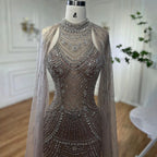 Luxury Dubai Caramel Beaded Mermaid Evening Dress with Cape Sleeves