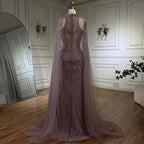 Luxury Dubai Caramel Beaded Mermaid Evening Dress with Cape Sleeves