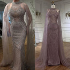 Luxury Dubai Caramel Beaded Mermaid Evening Dress with Cape Sleeves