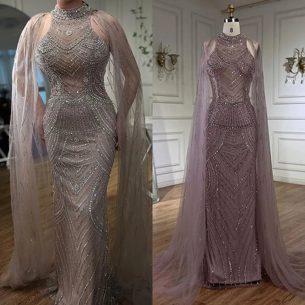 Luxury Dubai Caramel Beaded Mermaid Evening Dress with Cape Sleeves