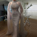 Luxury Dubai Caramel Beaded Mermaid Evening Dress with Cape Sleeves