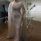 Luxury Dubai Caramel Beaded Mermaid Evening Dress with Cape Sleeves