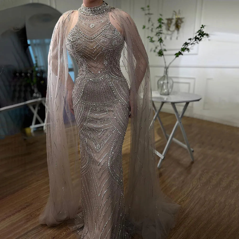 Luxury Dubai Caramel Beaded Mermaid Evening Dress with Cape Sleeves