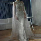 Luxury Dubai Caramel Beaded Mermaid Evening Dress with Cape Sleeves