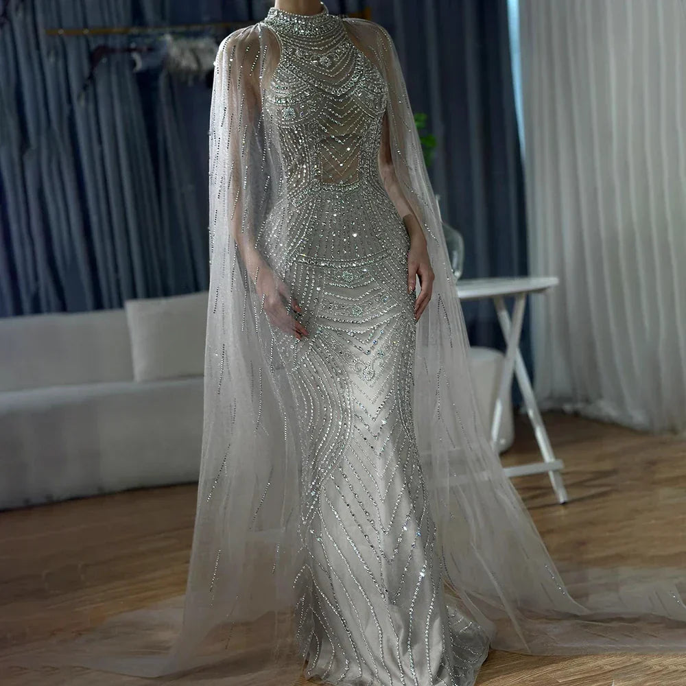 Luxury Dubai Caramel Beaded Mermaid Evening Dress with Cape Sleeves