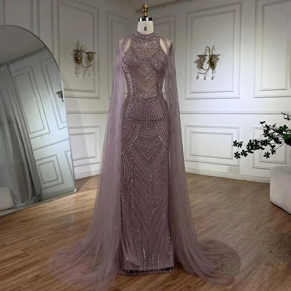 Luxury Dubai Caramel Beaded Mermaid Evening Dress with Cape Sleeves