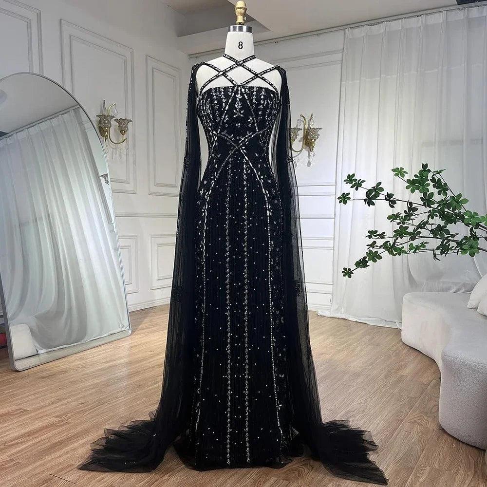 Serene Hill Arabic Luxury   Dubai Mermaid Blue Cape Sleeves Beaded Evening Dresses Gowns 2024 For Women Party LA71905