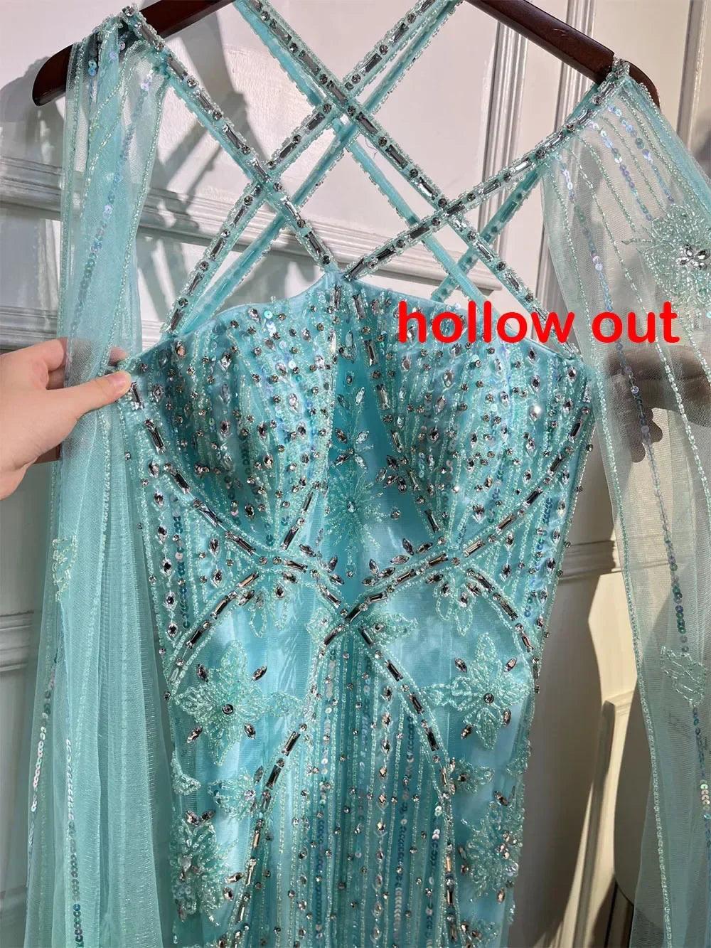Serene Hill Arabic Luxury   Dubai Mermaid Blue Cape Sleeves Beaded Evening Dresses Gowns 2024 For Women Party LA71905