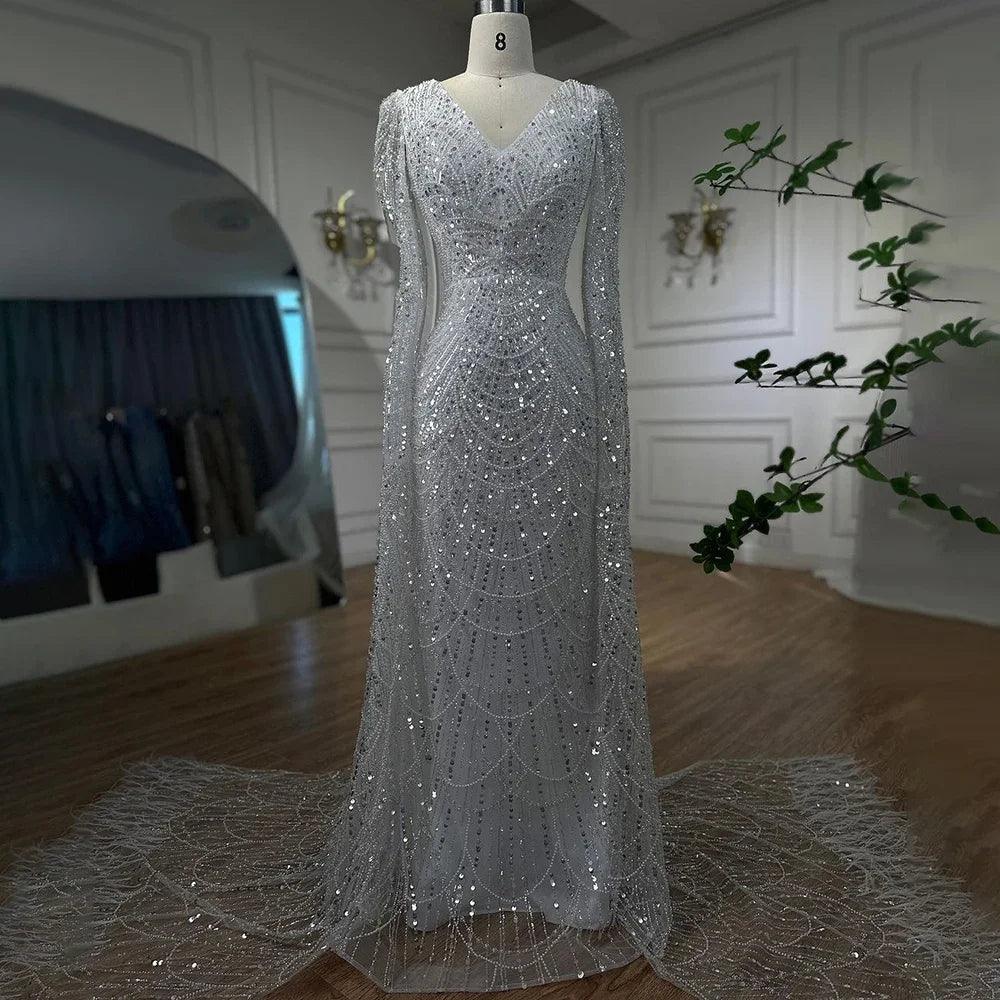 Serene Hill Arabic White Luxury Pearls Beaded Mermaid Cape Sleeves Evening Gowns For Women Wedding Party LA72160