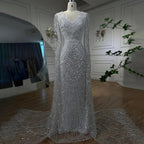 Serene Hill Arabic White Luxury Pearls Beaded Mermaid Cape Sleeves Evening Gowns For Women Wedding Party LA72160
