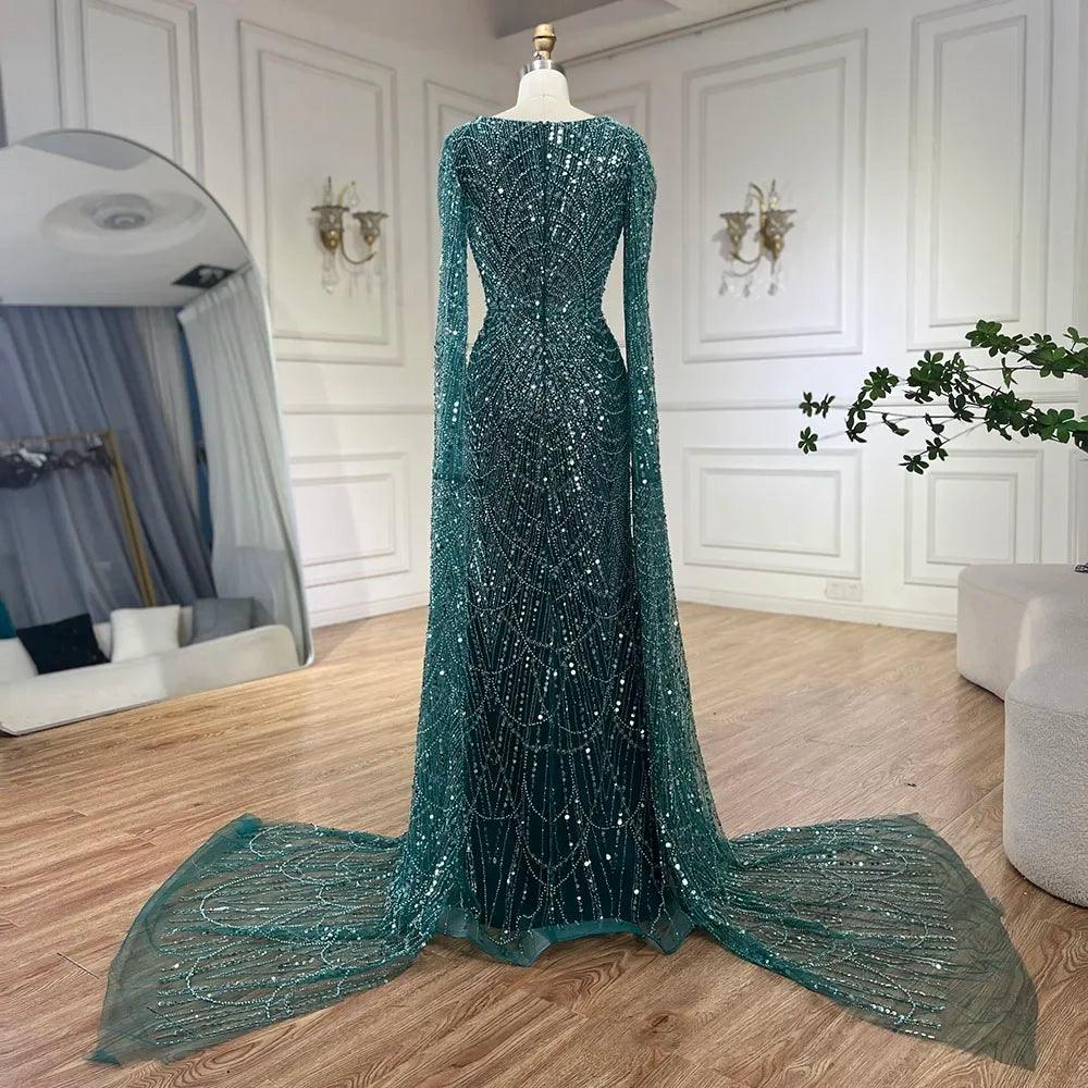 Serene Hill Arabic White Luxury Pearls Beaded Mermaid Cape Sleeves Evening Gowns For Women Wedding Party LA72160