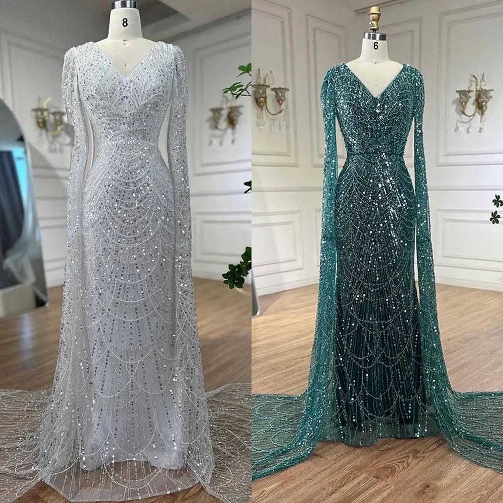 Serene Hill Arabic White Luxury Pearls Beaded Mermaid Cape Sleeves Evening Gowns For Women Wedding Party LA72160