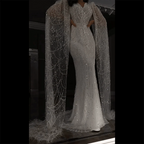Serene Hill Arabic White Luxury Pearls Beaded Mermaid Cape Sleeves Evening Gowns For Women Wedding Party LA72160