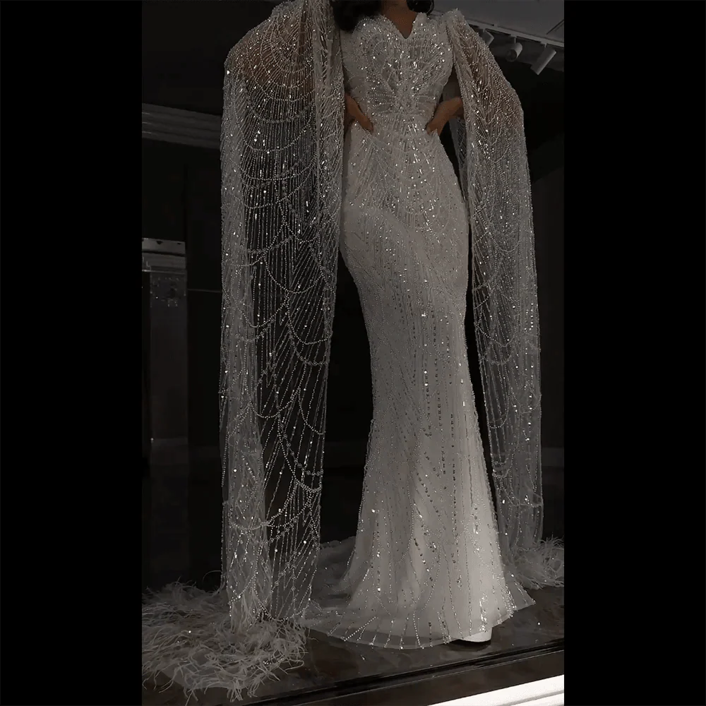 Serene Hill Arabic White Luxury Pearls Beaded Mermaid Cape Sleeves Evening Gowns For Women Wedding Party LA72160
