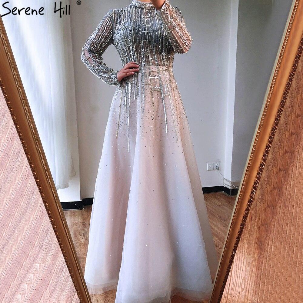 Serene Hill Beading Muslim Long Sleeeves High Co Silver Luxury Evening Dresses Gowns 2024 A-Line Crystal For Women Party LA70514