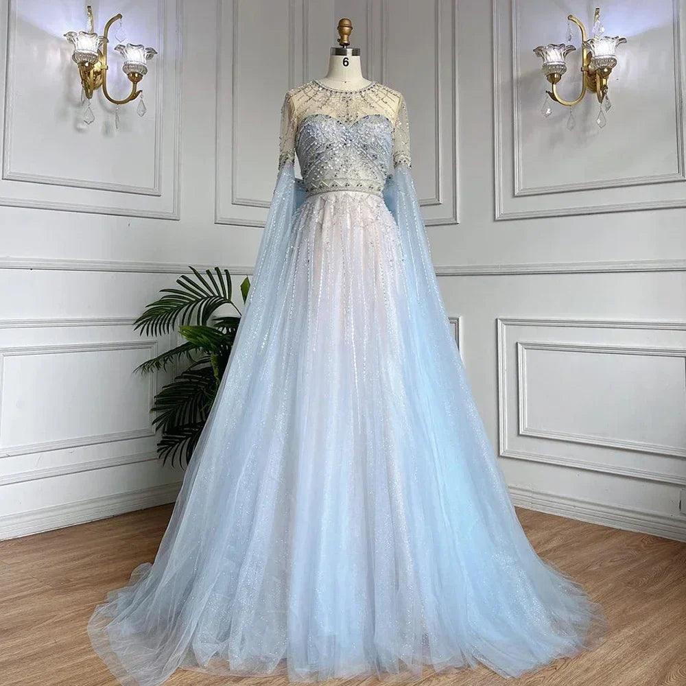 Serene Hill Blue A-Line Arabic Cape Sleeves O-Neck Bow Beaded Luxury Evening Dresses Gowns 2024 For Women Party LA71831