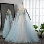 Serene Hill Blue A-Line Arabic Cape Sleeves O-Neck Bow Beaded Luxury Evening Dresses Gowns 2024 For Women Party LA71831