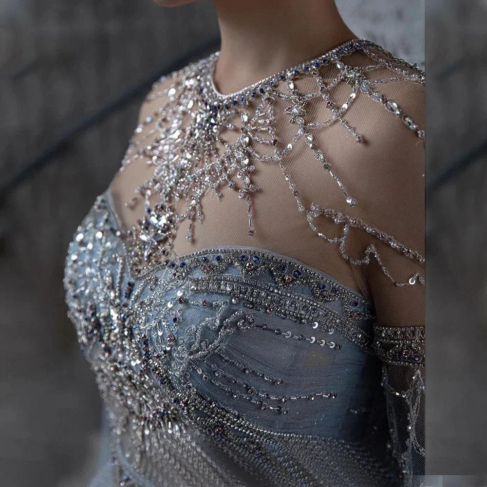 Serene Hill Blue A-Line Arabic Cape Sleeves O-Neck Bow Beaded Luxury Evening Dresses Gowns 2024 For Women Party LA71831