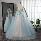 Serene Hill Blue A-Line Arabic Cape Sleeves O-Neck Bow Beaded Luxury Evening Dresses Gowns 2024 For Women Party LA71831