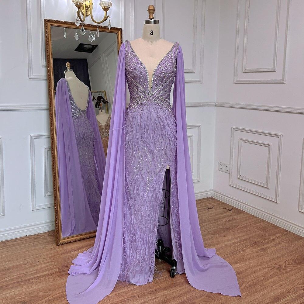 Serene Hill Blue Mermaid Elegant Cape Sleeves Luxury Beaded Feather Evening Dresses Gowns 2024 For Women Party LA71583A