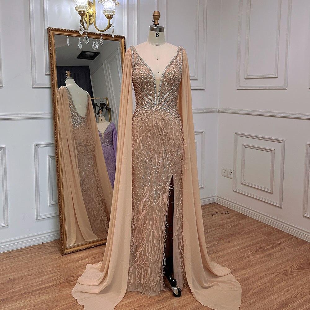 Serene Hill Blue Mermaid Elegant Cape Sleeves Luxury Beaded Feather Evening Dresses Gowns 2024 For Women Party LA71583A